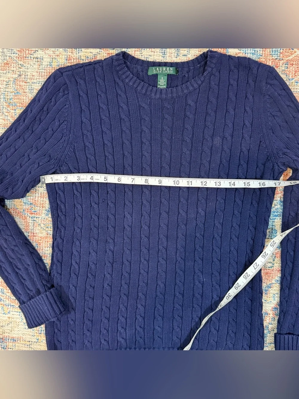 Lauren Ralph Lauren Navy Cable Knit Sweater S 100% Cotton RL Logo Old Money Fall